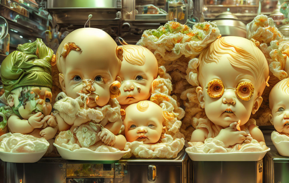 Surreal image: baby doll heads, cabbage, and pasta in eerie kitchen.