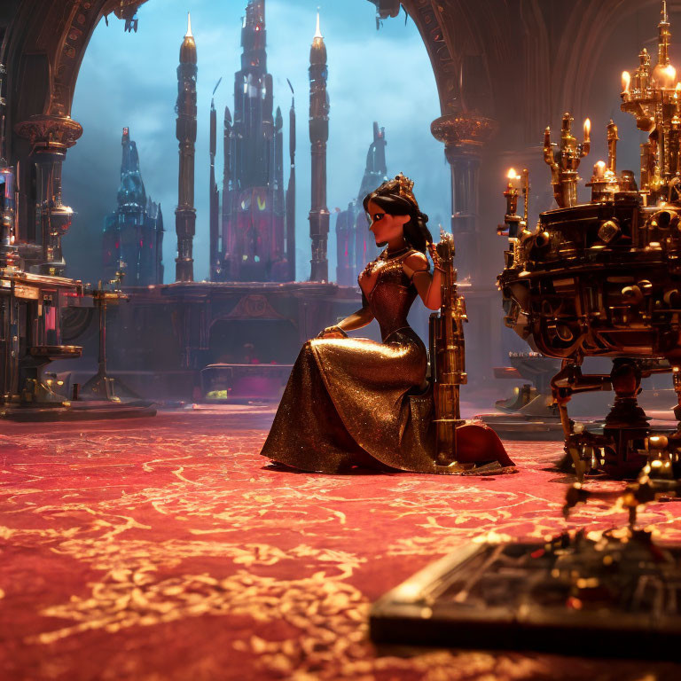 Regal gown-clad animated character in ornate throne room setting.