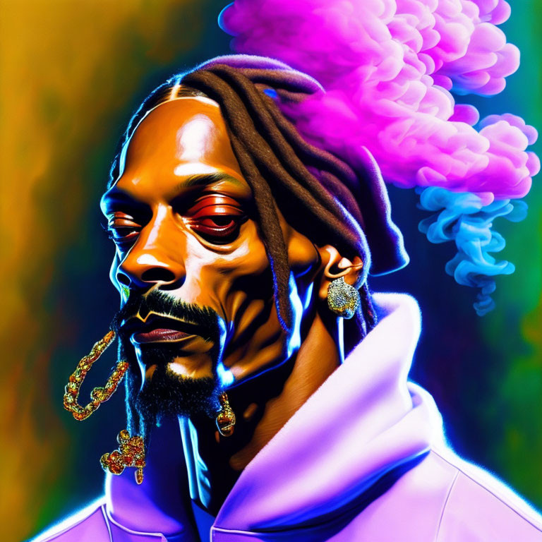 Colorful illustration of man with headscarf and swirling smoke in vibrant contrast.