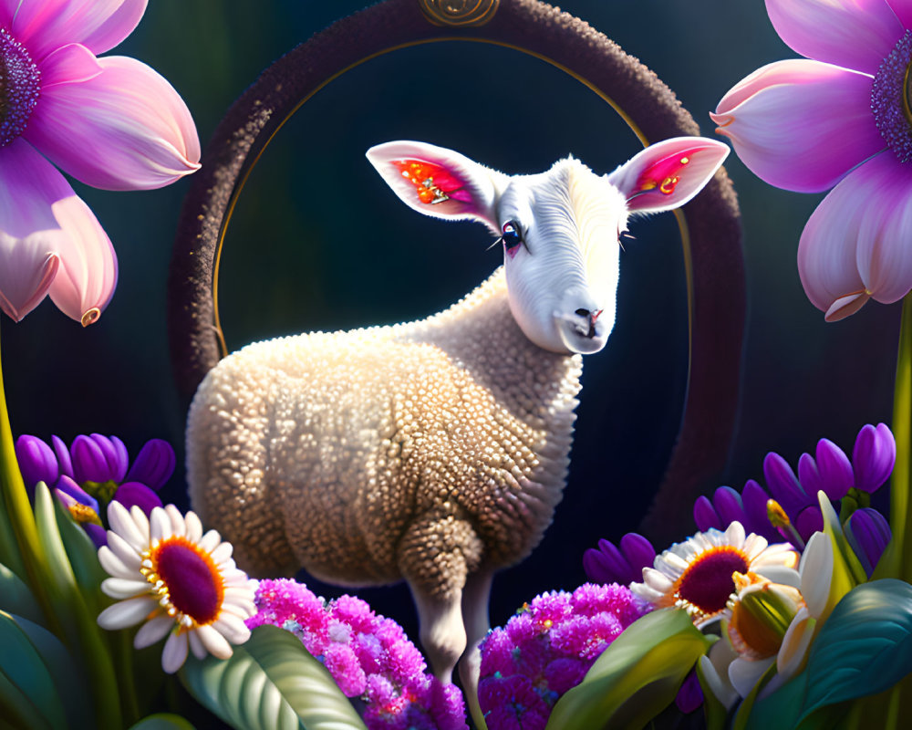 Colorful Sheep Illustration Among Pink and Purple Flowers