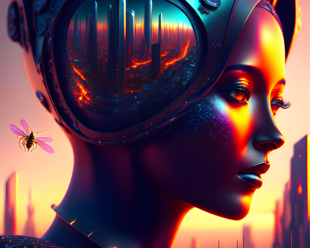 Futuristic female android with reflective helmet and cosmic skin patterns.