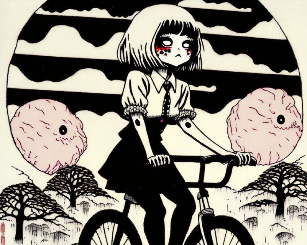 Illustration of girl on bicycle with pom-pom creatures in moon-like setting