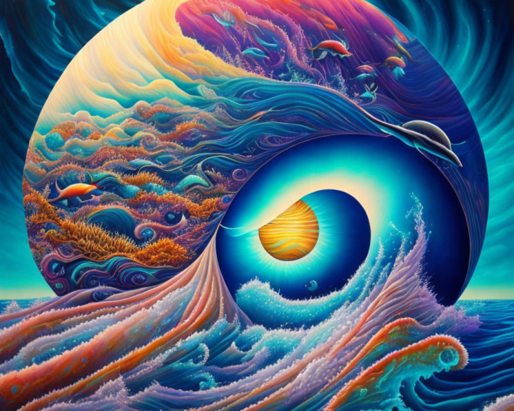 Colorful surreal wave painting with intricate patterns and oceanic elements