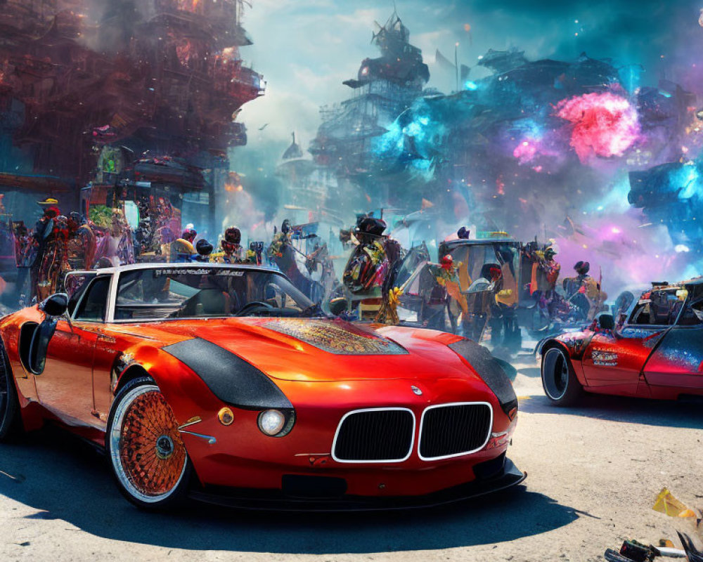 Futuristic street scene with red sports cars, eclectic attire, chaotic structures