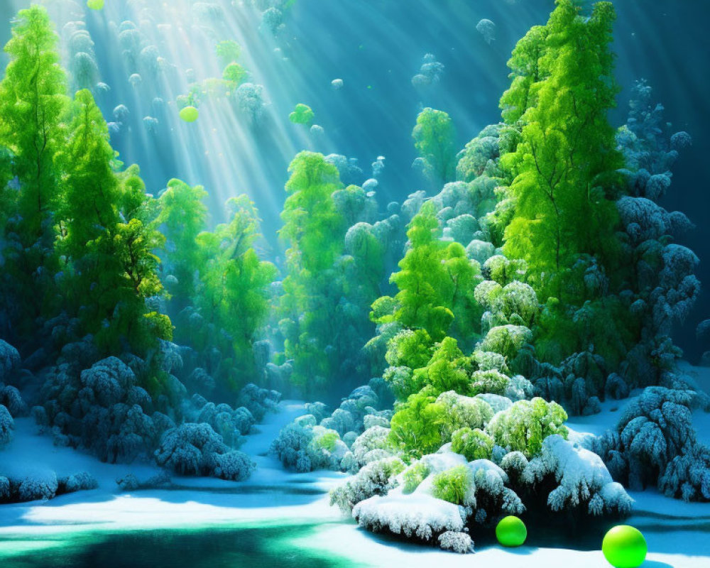 Snowy Landscape with Green Trees and Sunlight Reflections on Water