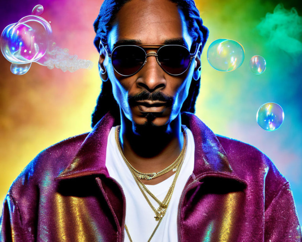 Man with braids in sunglasses, purple jacket, gold chains on colorful bubble background