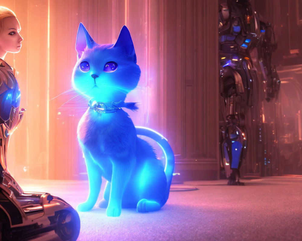 Blue cat with collar, woman, and robot in futuristic interior