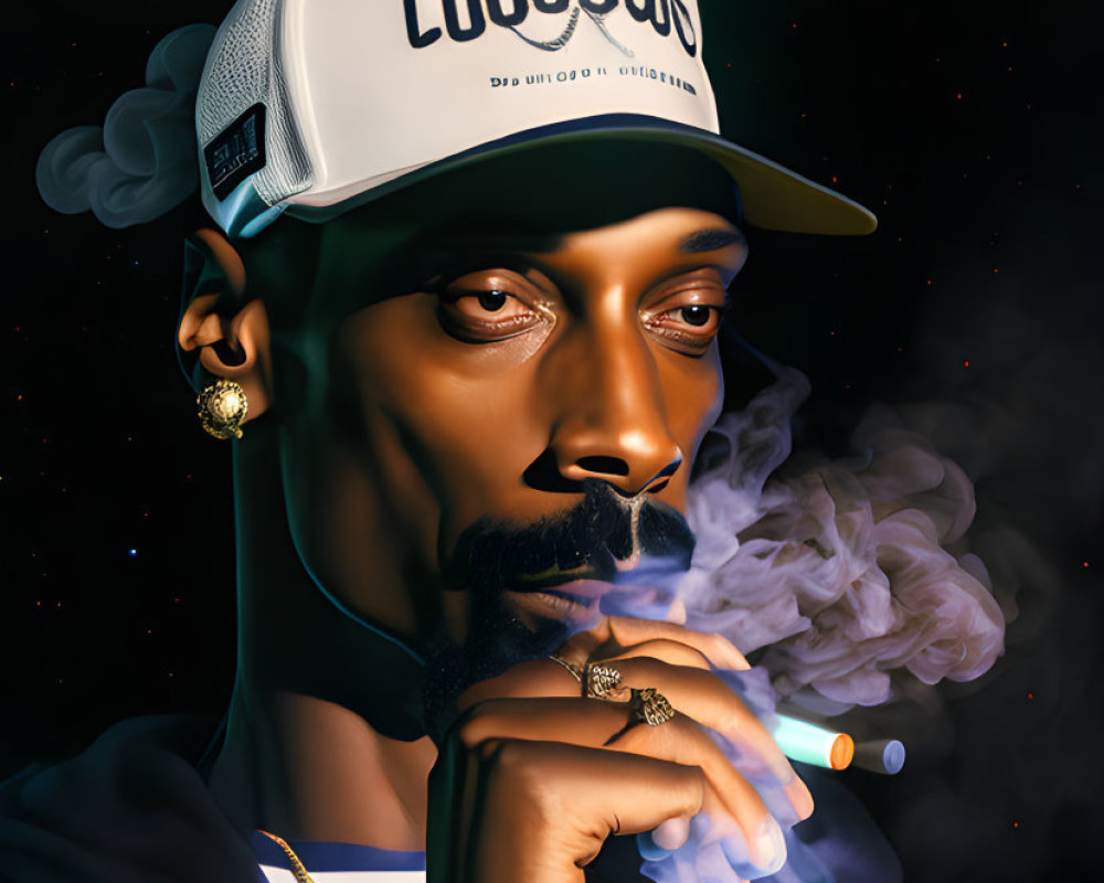 Digital portrait of man with goatee in cap smoking, surrounded by swirling smoke on starry background
