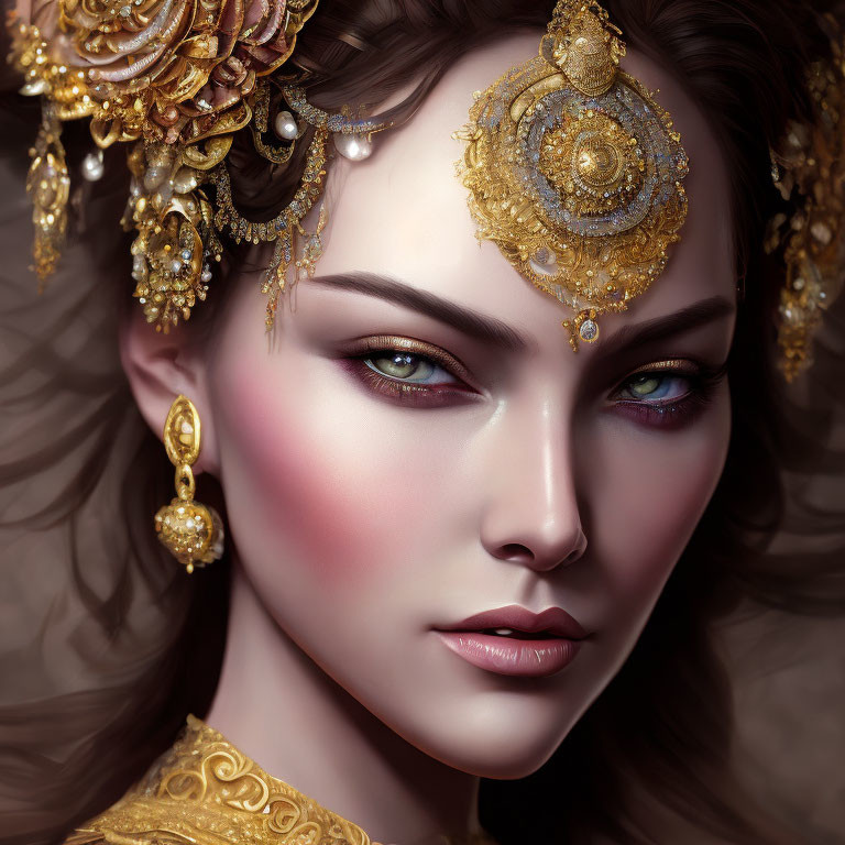 Detailed digital portrait of a woman with intricate golden jewelry and captivating green eyes