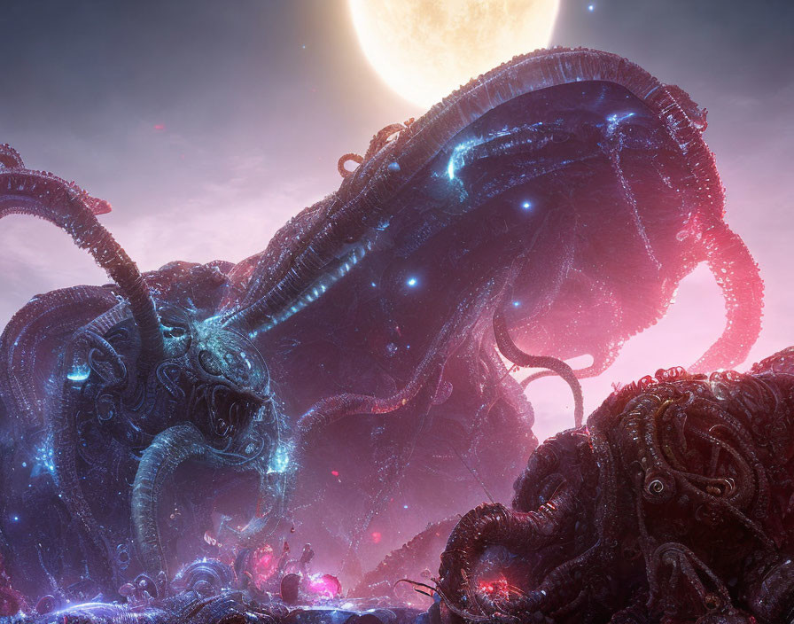 Giant Bioluminescent Tentacled Creature in Cosmic Scene