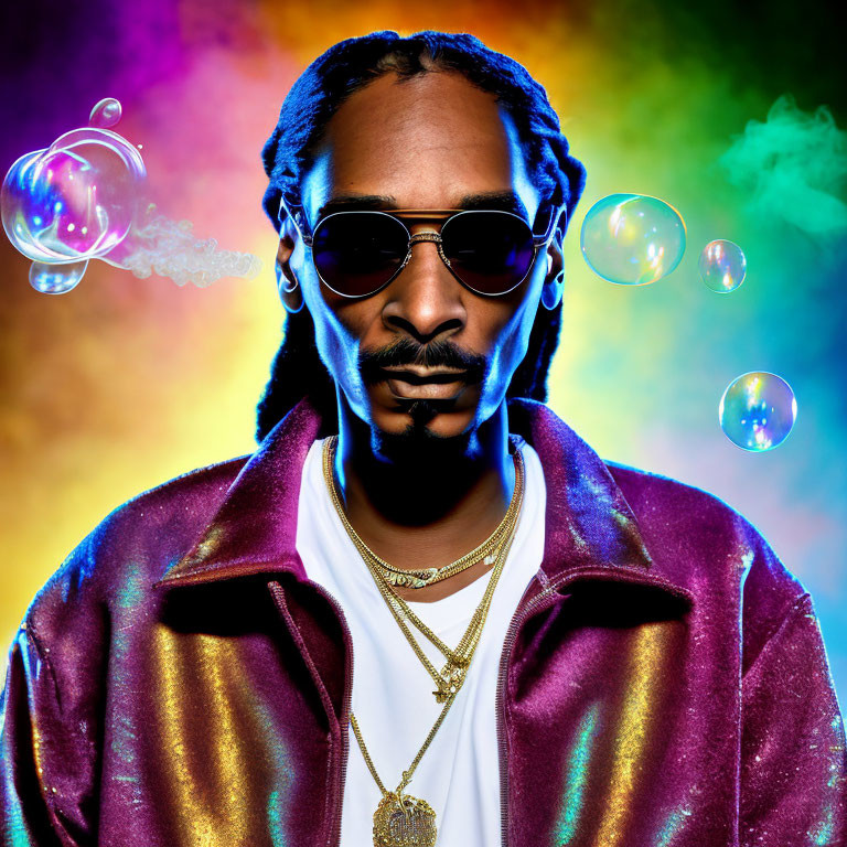 Man with braids in sunglasses, purple jacket, gold chains on colorful bubble background
