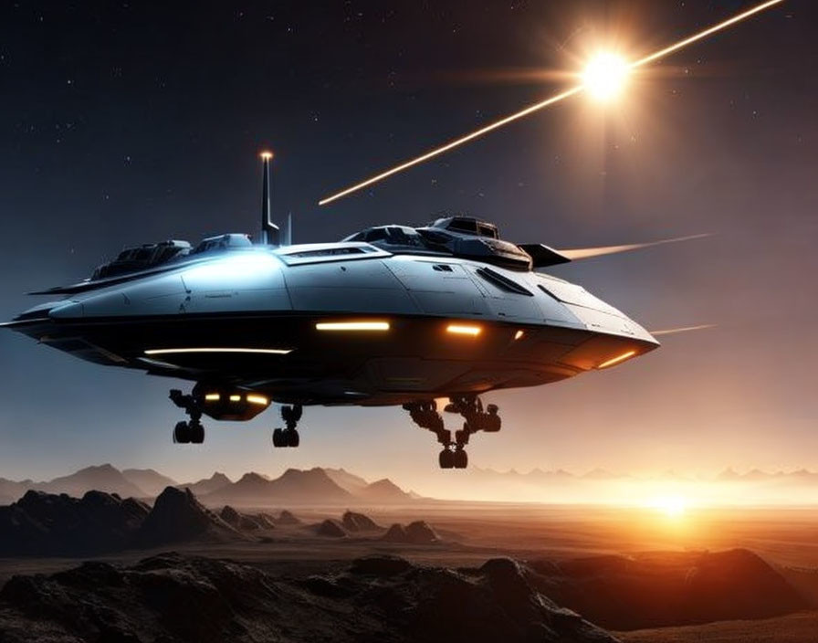 Futuristic spaceship over rocky desert at dawn or dusk