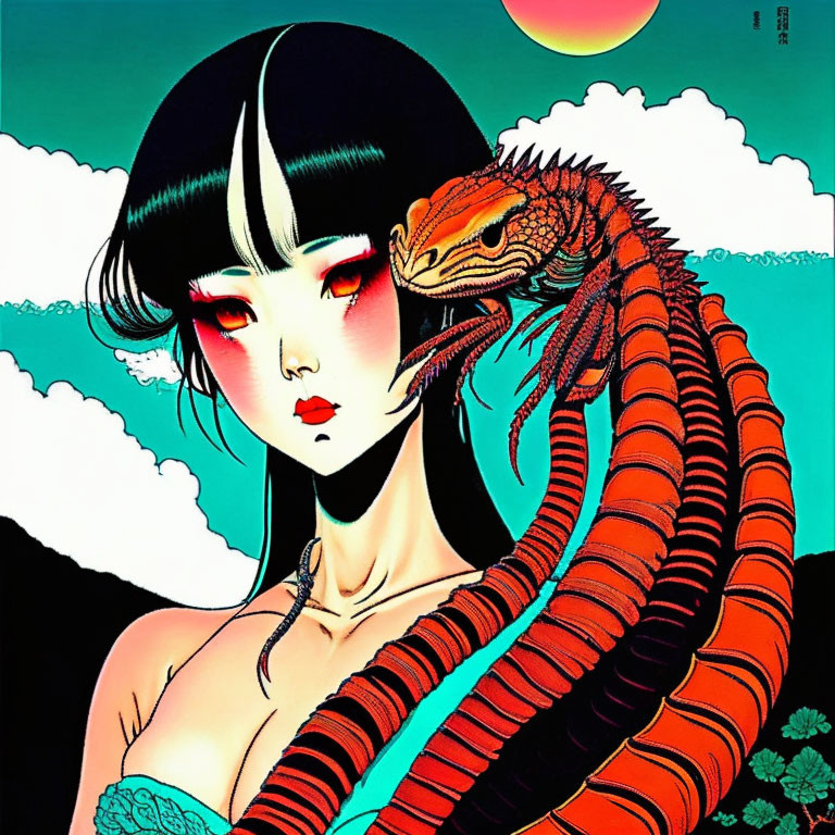 Illustrated woman with bobbed hair and vivid makeup next to a large red iguana on teal