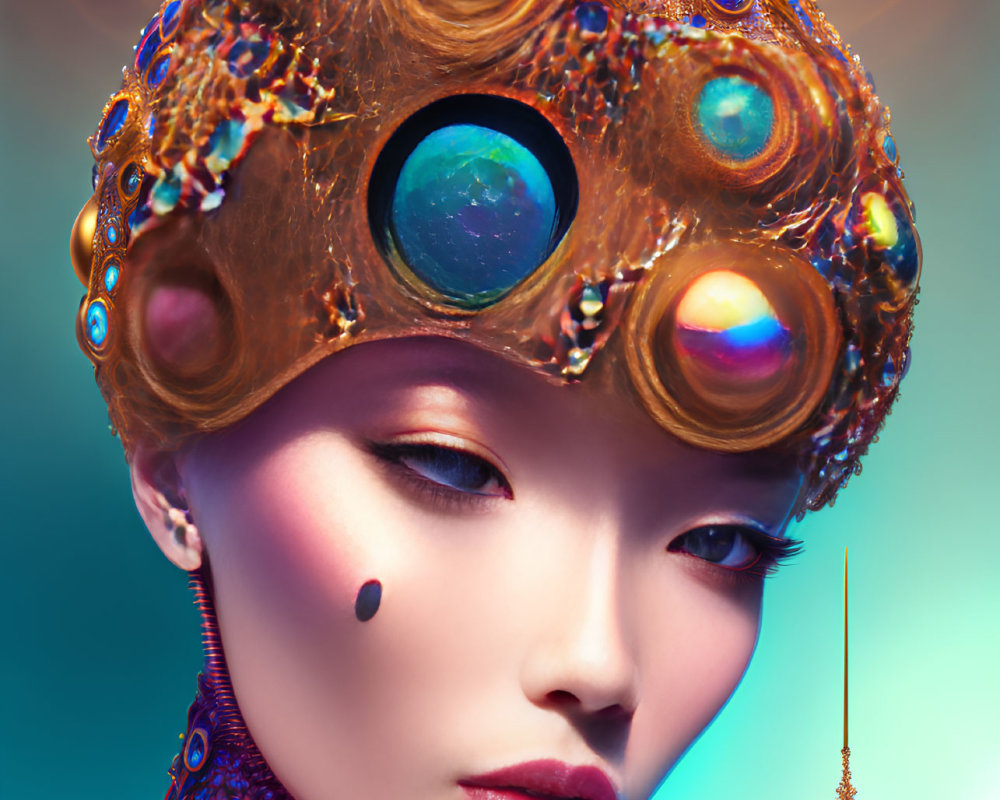 Asian woman digital artwork with celestial headdress on blue background