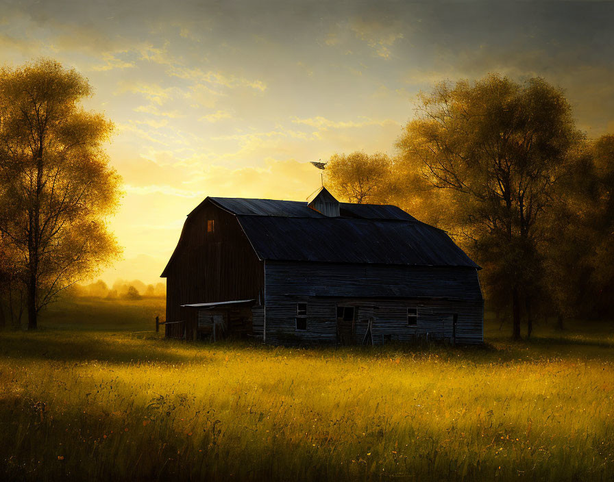 Rural sunset scene with old barn in tranquil field