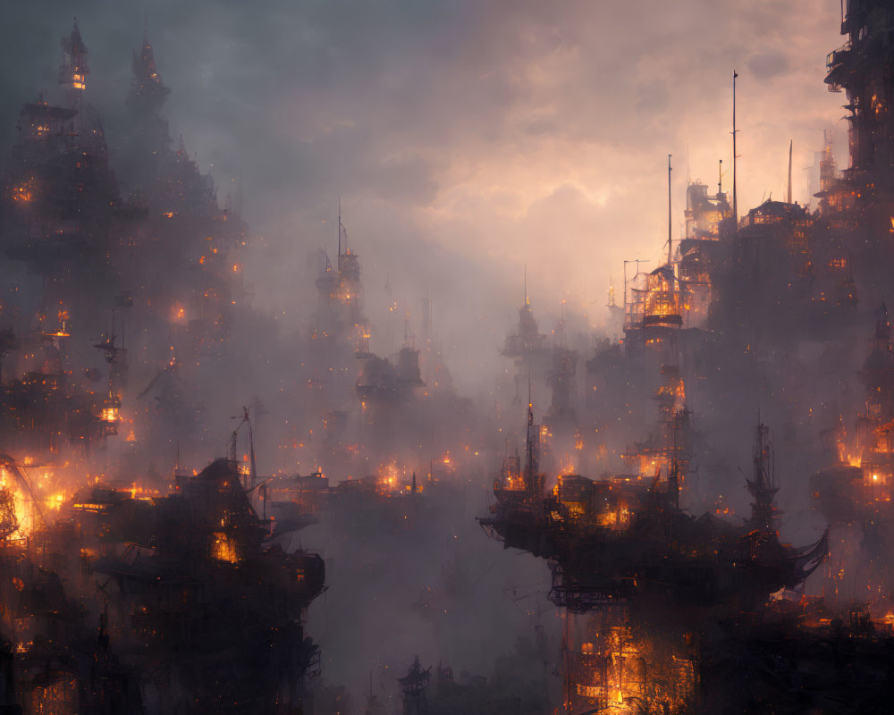 Mystical city with towering structures in ambient glow