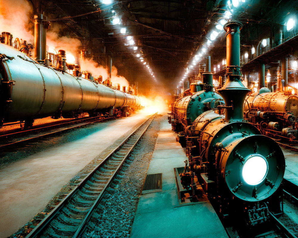 Industrial interior with pipelines, tanks, and glowing circular light in misty atmosphere