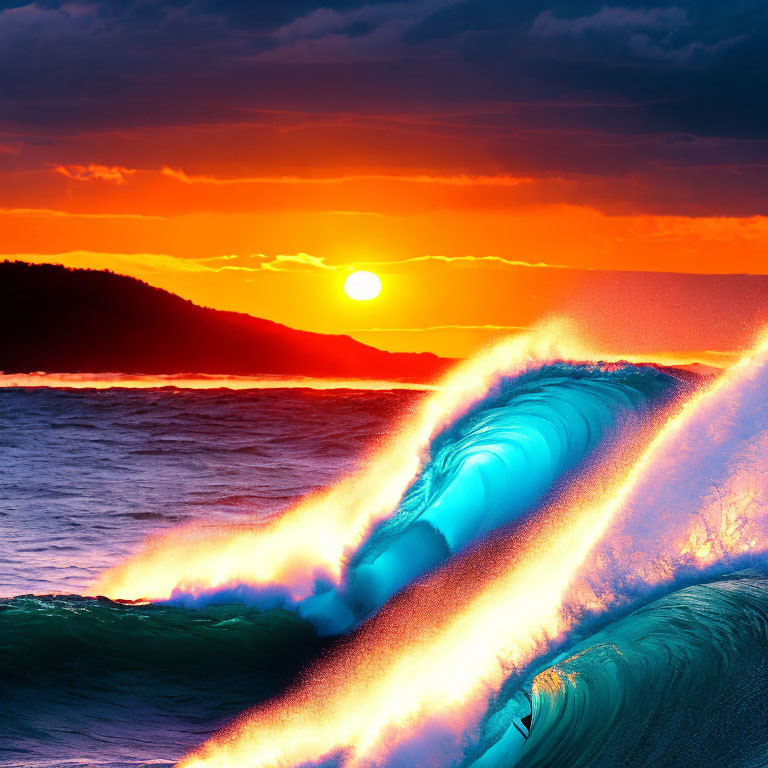 Vibrant sunset over sea with deep oranges and reds, highlighting large curling wave.