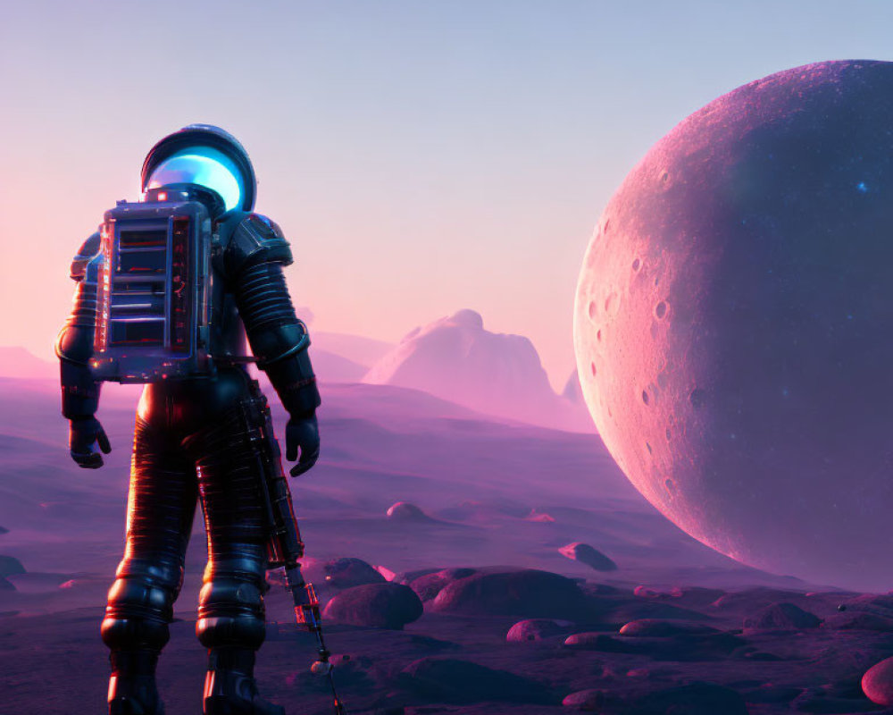 Astronaut on purple alien landscape with rocky structures and giant planet.