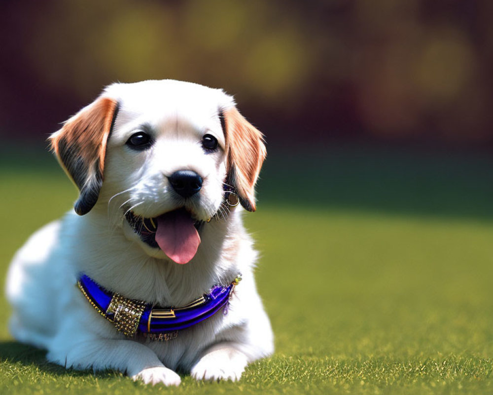 Cheerful puppy with shiny collar on green grass