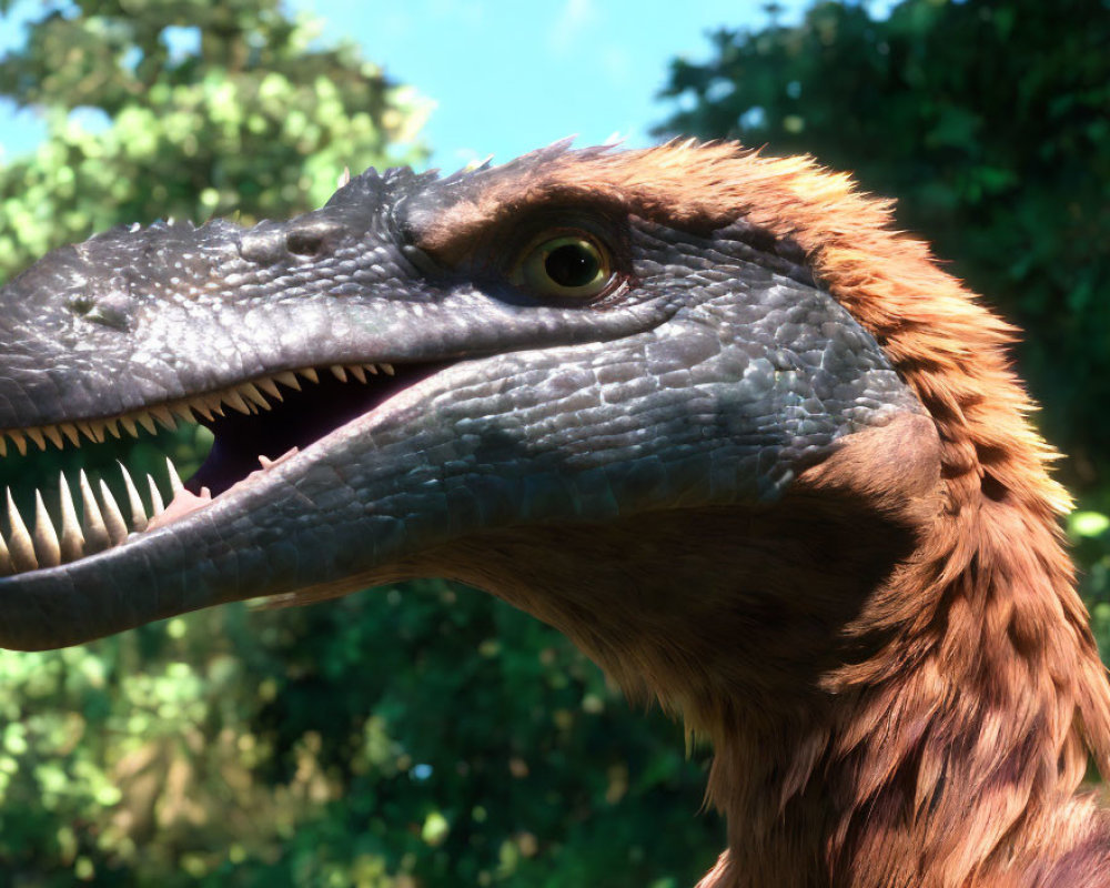 Detailed Velociraptor head with textures, teeth, and feathers on blurred foliage background.
