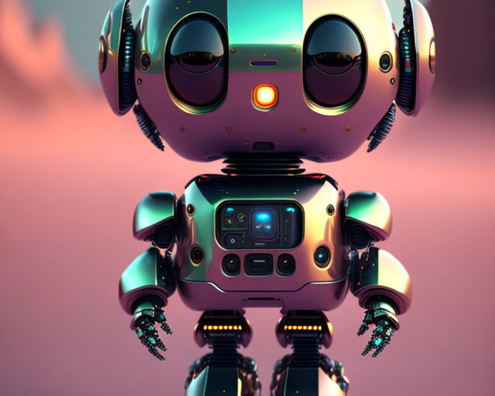 Futuristic cute robot with glowing eyes on pink backdrop