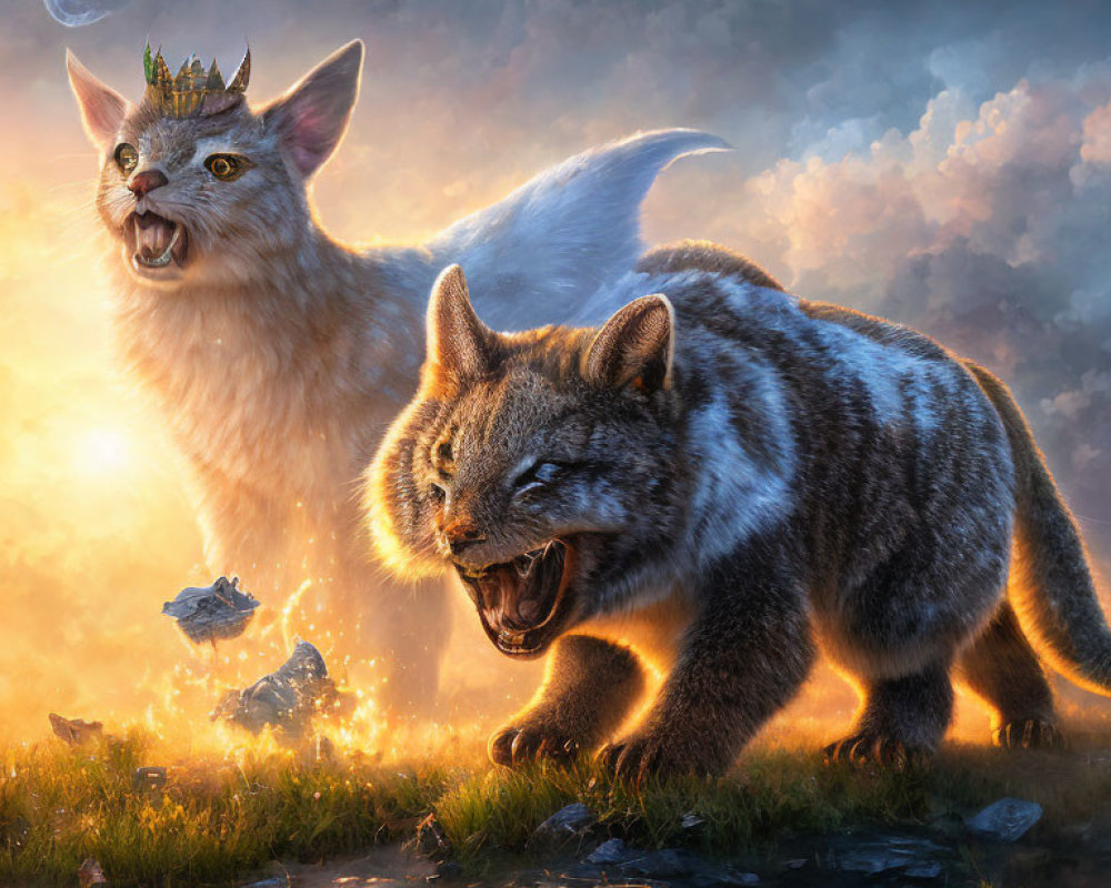 Majestic fantasy feline creatures with crowns and glowing eyes in mystical landscape