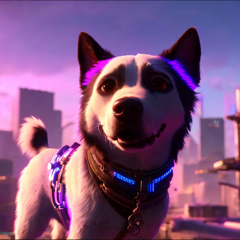 Animated dog with wide brown eyes and futuristic collar in cityscape at sunset