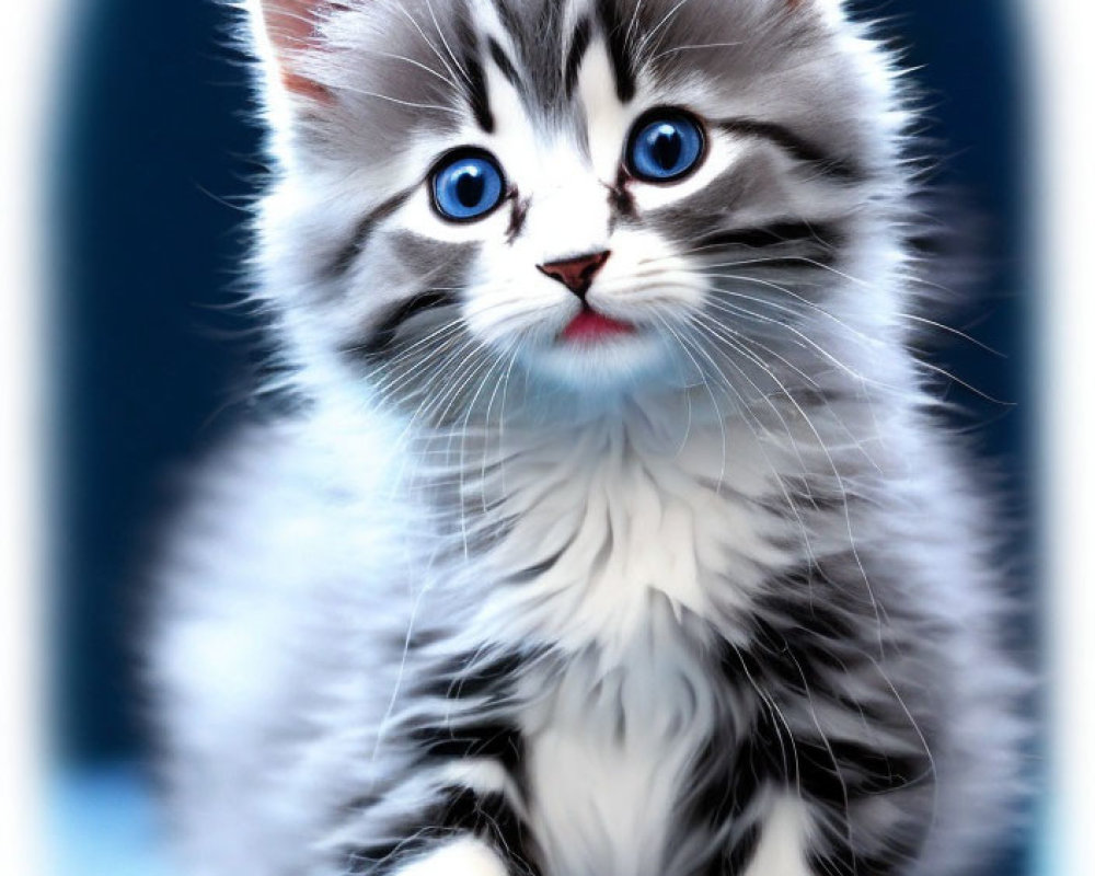 Fluffy Grey and White Kitten with Blue Eyes on Blue Background