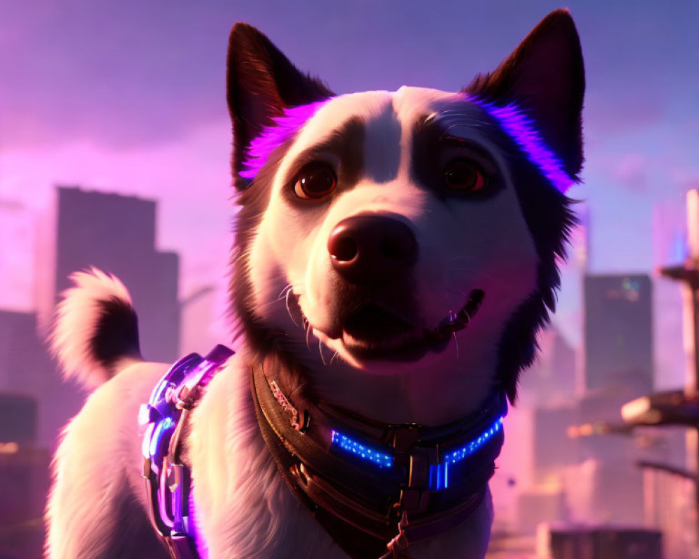 Animated dog with wide brown eyes and futuristic collar in cityscape at sunset