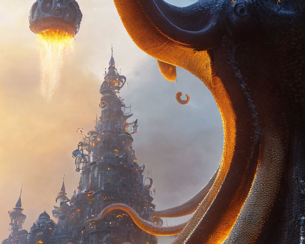 Steampunk scene: giant octopus, airships, amber sky
