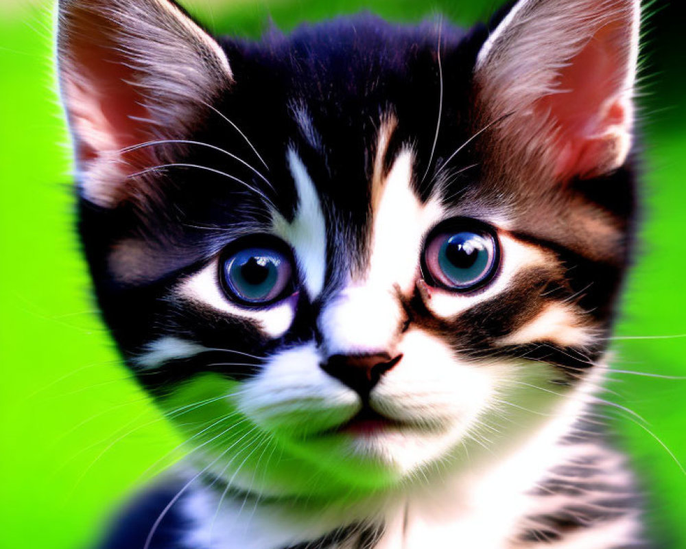 Black and white kitten with blue eyes on green background