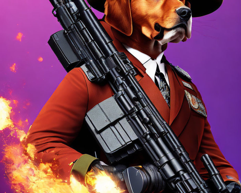 Digital artwork: Dog in police uniform with rifle on fiery purple background