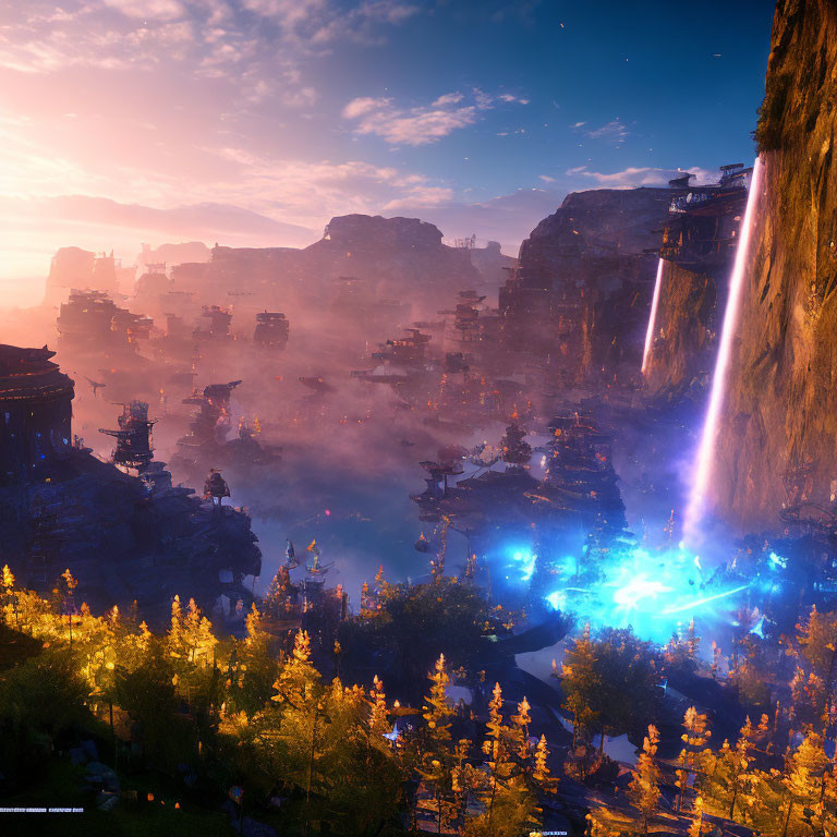 Majestic landscape with waterfalls, blue lights, and rock formations at dawn