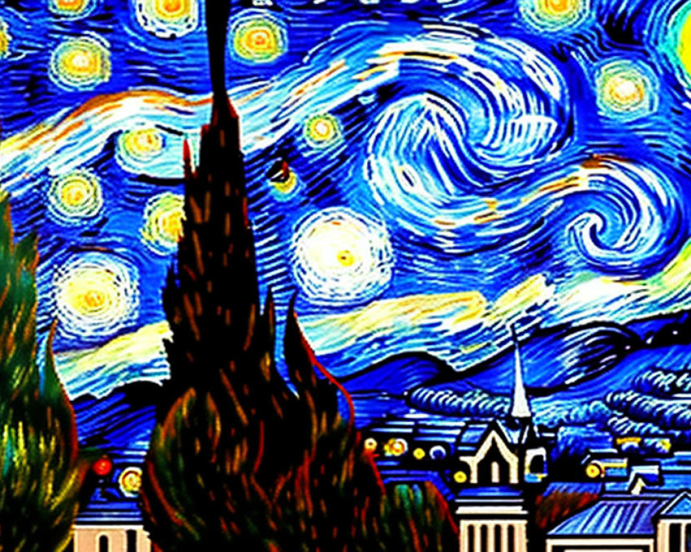 Night Sky Painting: Small Town with Cypress Trees and Buildings