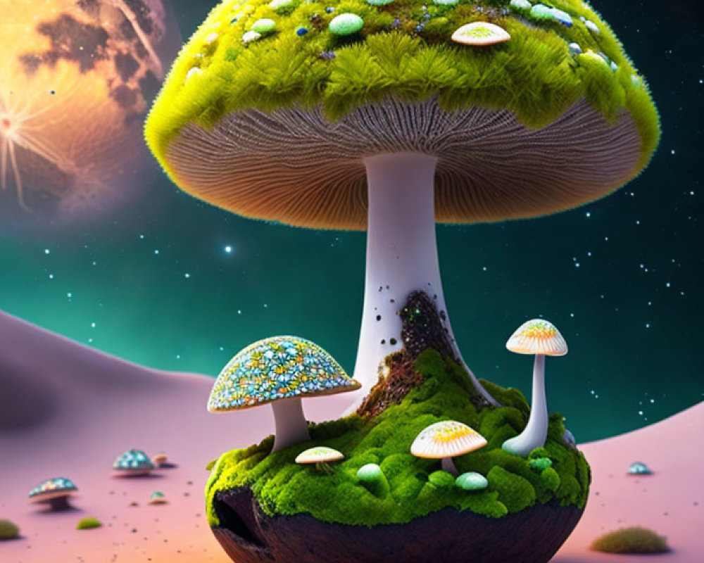 Colorful digital artwork: oversized mushrooms, tiny houses, and space backdrop.