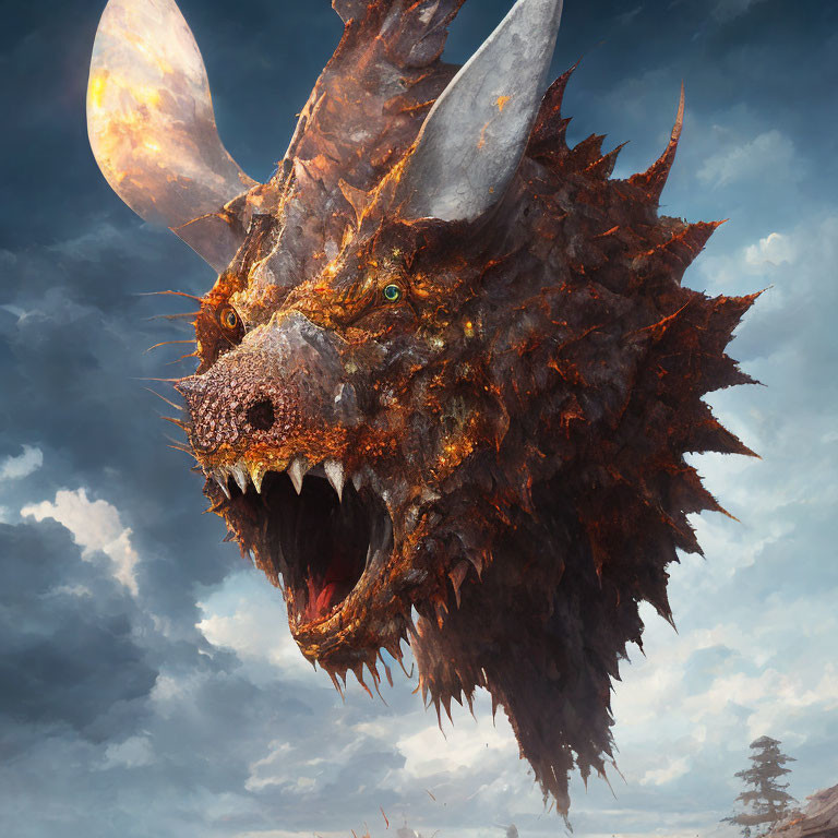Dragon with Green Eyes and Spiky Scales Roaring under Dramatic Sky