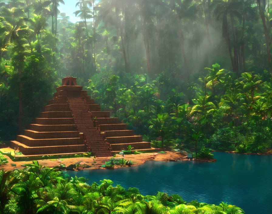 Ancient pyramid in lush jungle with river and sunlight beams