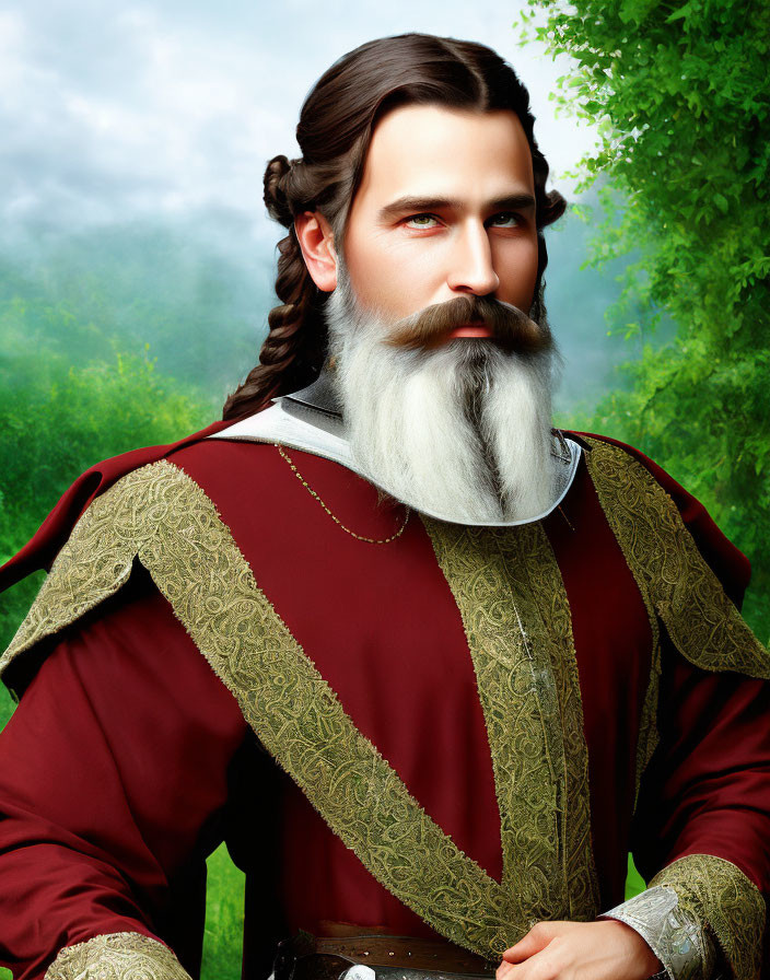 Bearded man in red and gold historical outfit in misty forest