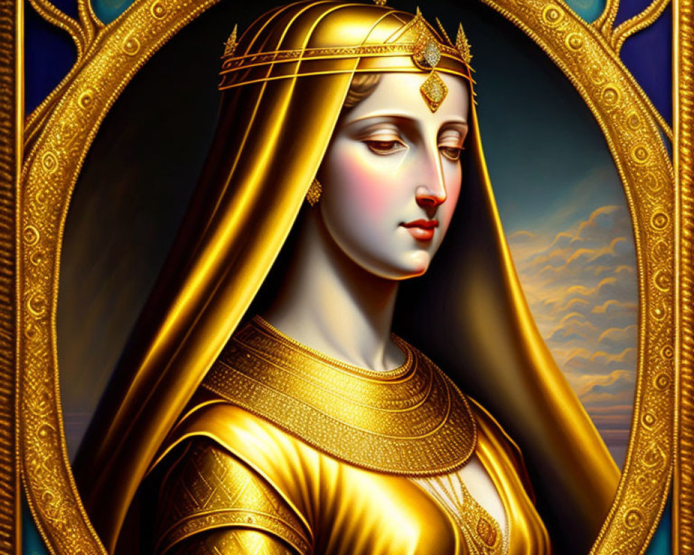 Regal woman with golden crown and ornate border on cloud backdrop.