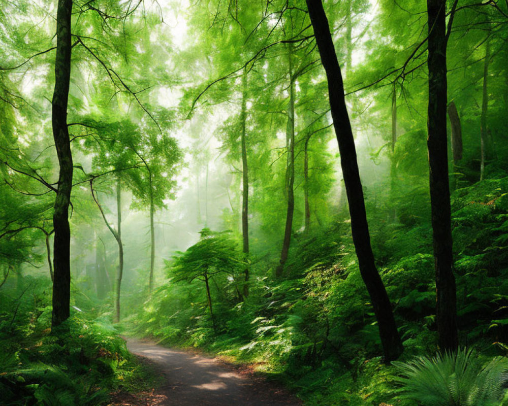 Serene Forest Path with Sunlit Greenery