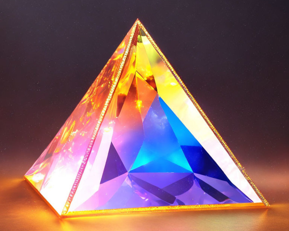 Crystal pyramid glowing with warm and cool lights on dark amber backdrop