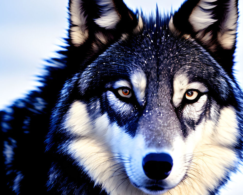 Close-up of Husky with piercing eyes and black & white fur on blue background