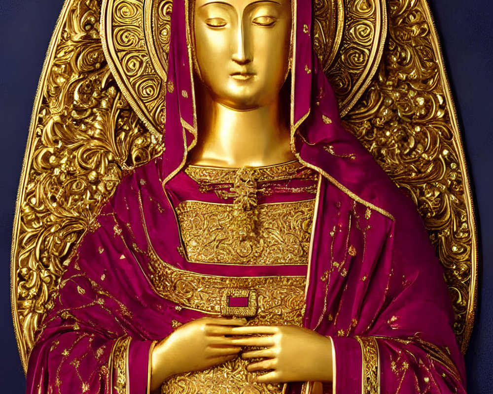 Golden Madonna Sculpture in Red Cloak on Blue Background