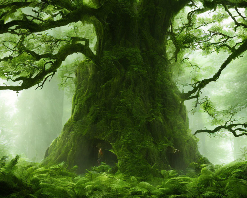 Ancient tree covered in green moss in misty forest with ferns