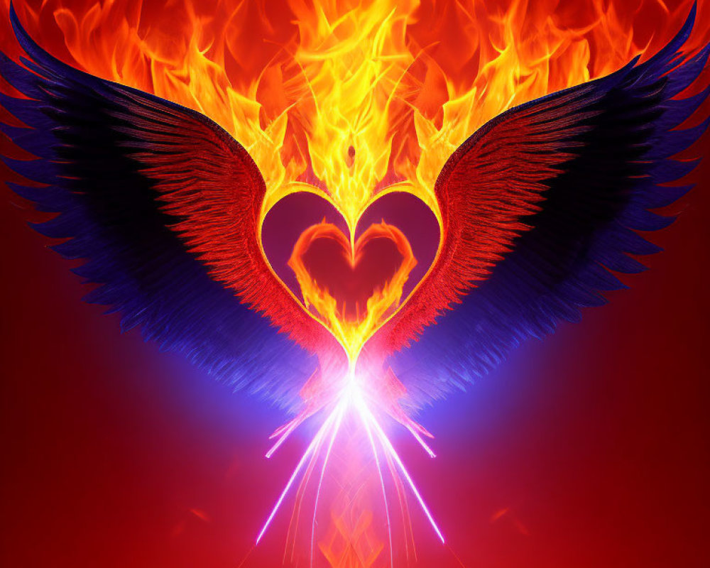 Digital Artwork: Heart with Wings in Flames on Vibrant Red Background
