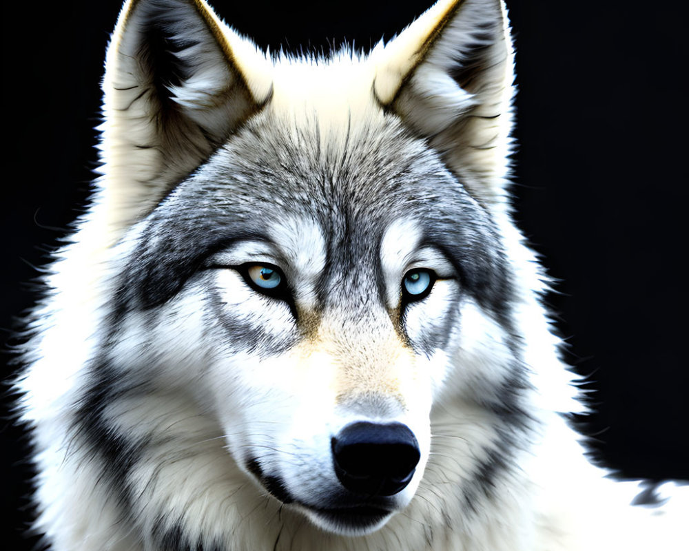 Detailed Wolf's Head Digital Image with Striking Blue Eyes and Fur