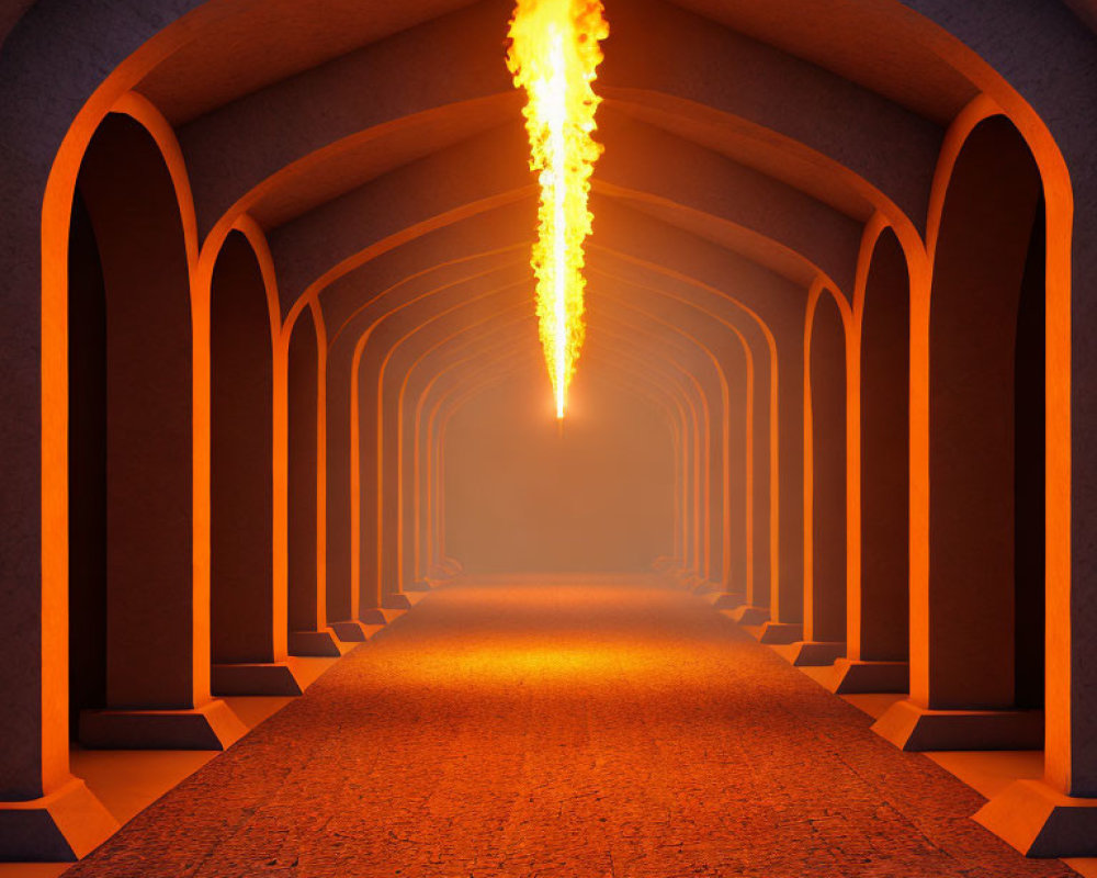 Burning fireball descends in arched tunnel with orange glow