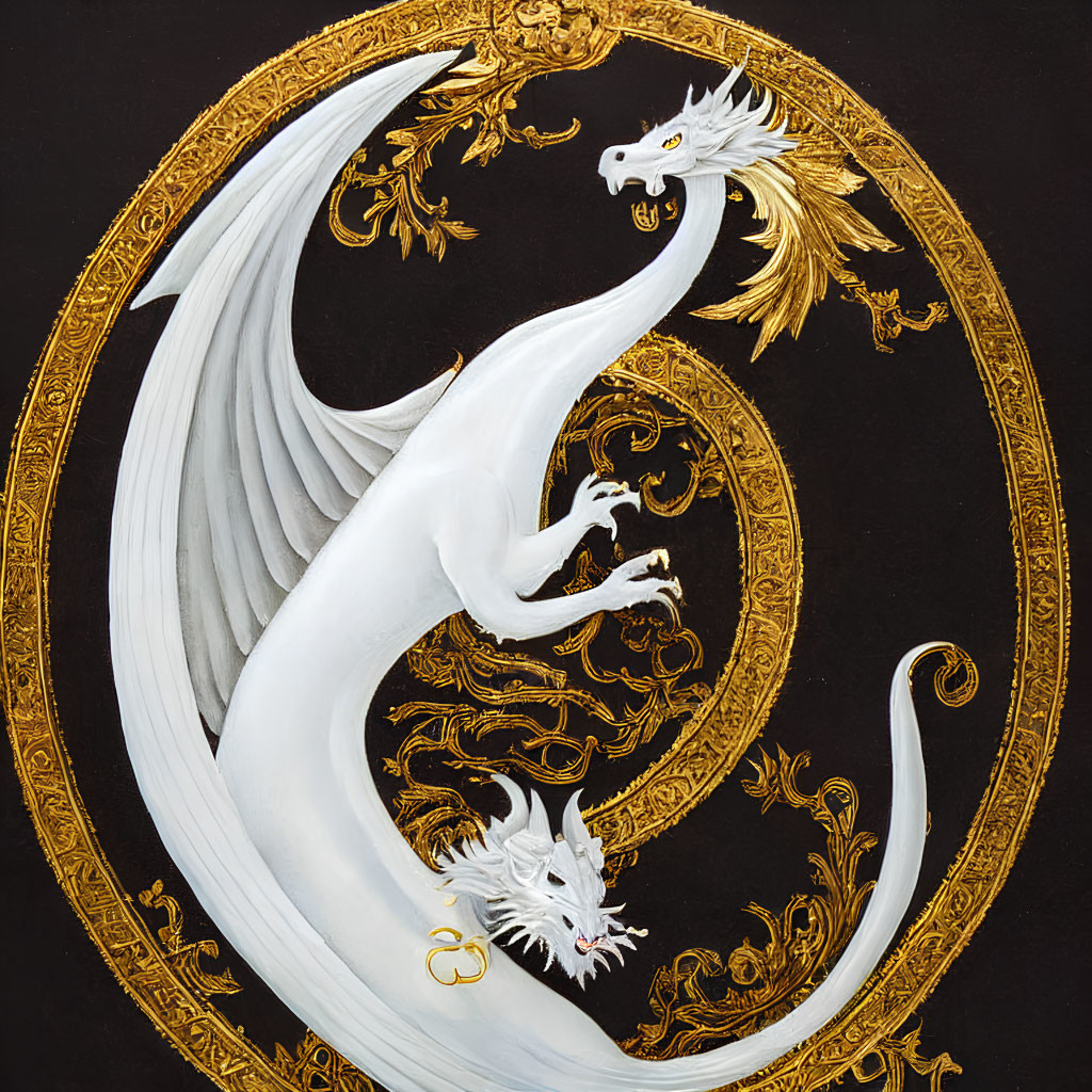 White Dragon with Gold Accents in Circular Gold Frame on Black Background