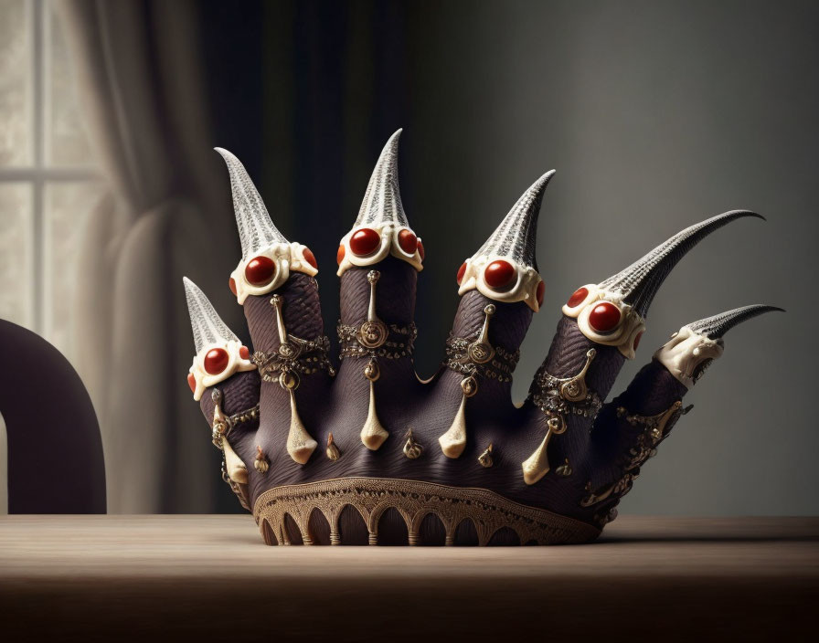 Whimsical Crown with Eyeballs, Bones, and Horns on Wooden Surface